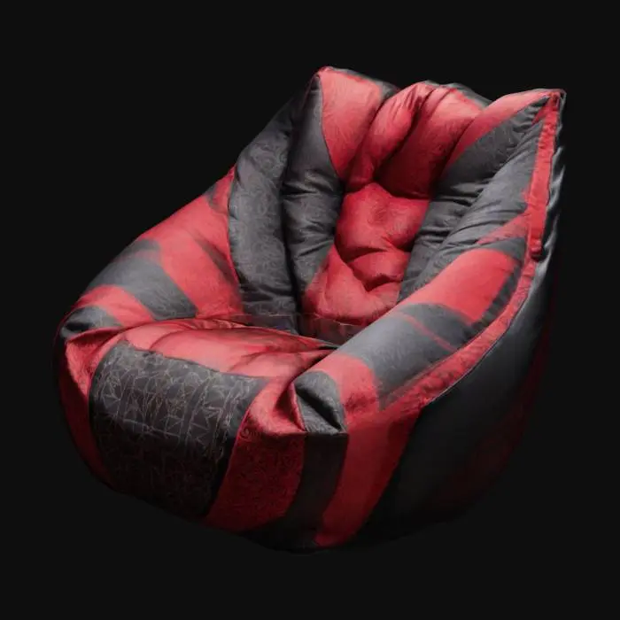 3D model for A retro style bean bag chair with intricate angular design using the colors purple and blue