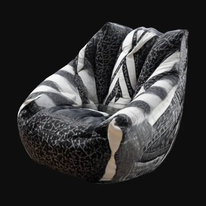 3D model for A retro style bean bag chair with intricate angular design using the colors purple and blue