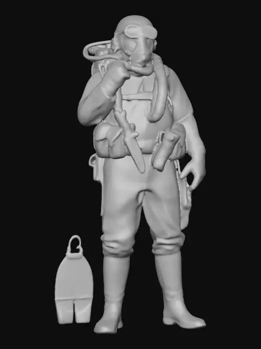 3D model for A funco Pop style standing model of a WWII era Navy Frogman. Complete with diving belt, dive knife, and flippers.