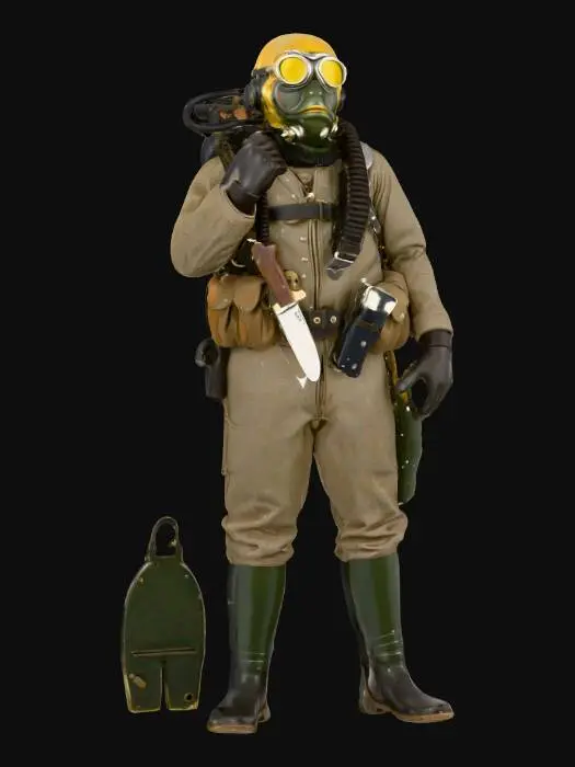 3D model for A funco Pop style standing model of a WWII era Navy Frogman. Complete with diving belt, dive knife, and flippers.