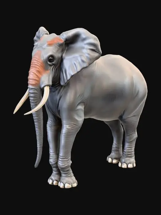 3D model for An extraordinary elephant-giraffe hybrid, boasting the robust, grey, wrinkled skin and massive, rounded ears of an elephant, but with an impossibly elongated, slender neck like a giraffe. Its thick skin is patterned with large, irregular reddish-brown patches against a grey-tan base. It possesses a short, powerful trunk and sturdy, pillar-like legs ending in elephantine feet. The creature's overall structure is a fascinating blend of immense power and elegant height.