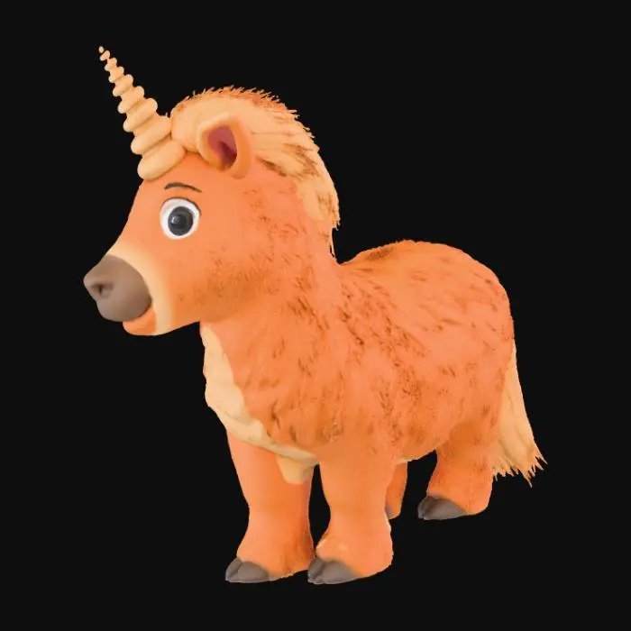 3D model for A whimsical unicorn-capybara hybrid, combining the capybara's stout, barrel-shaped body and broad, flat head with a unicorn's ethereal grace. Its short, coarse fur is a warm golden-brown, while a single, spiraled ivory horn rises from its forehead. Gentle, dark eyes and a serene expression define its face. The creature stands calmly on stubby legs, possessing a unique, endearing appearance that feels grounded yet magical.