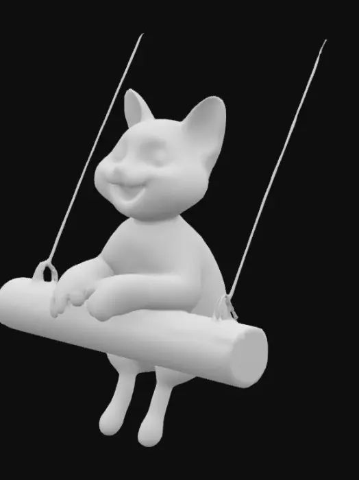 3D model for Реалистичная 3D модель кота, застывшего в верхней точке раскачивания на деревянных качелях, с физически точной динамикой шерсти и тела, выразительными лапками, цепляющимися за верёвки, и довольной мордочкой, мягкое закатное освещение, стиль Pixar
