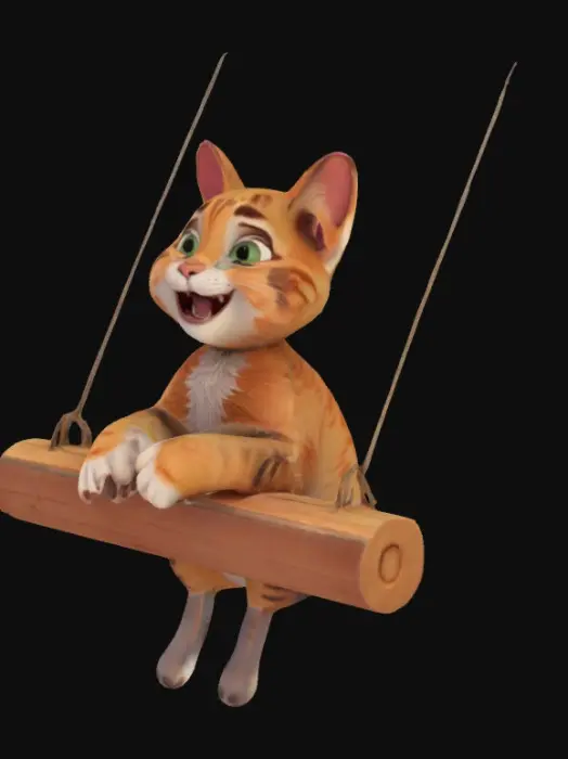 3D model for Реалистичная 3D модель кота, застывшего в верхней точке раскачивания на деревянных качелях, с физически точной динамикой шерсти и тела, выразительными лапками, цепляющимися за верёвки, и довольной мордочкой, мягкое закатное освещение, стиль Pixar