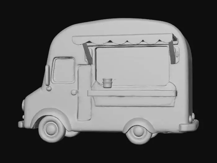 3D model for A stylized low-poly cartoon food truck for a comedic illegal K-food theme. The truck is a small Korean light truck with a left-side serving window under a folded fabric awning. It uses soft pastel colors and rounded forms for a playful handmade look. The design humorously suggests a chicken truck secretly using pigeons, keeping the tone funny, not grotesque. Details are minimal and chunky — simple wheels, compact cabin, and a small counter. Add a few light pigeon feathers near the awning for subtle comedic effect. No text or signage. Use clean color blocks for panels and trims. Neutral lighting and background, optimized for Unity use.