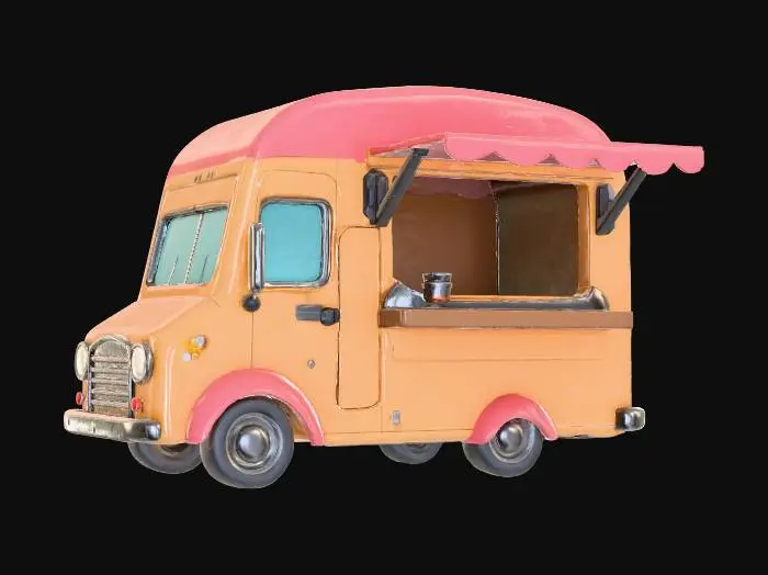 3D model for A stylized low-poly cartoon food truck for a comedic illegal K-food theme. The truck is a small Korean light truck with a left-side serving window under a folded fabric awning. It uses soft pastel colors and rounded forms for a playful handmade look. The design humorously suggests a chicken truck secretly using pigeons, keeping the tone funny, not grotesque. Details are minimal and chunky — simple wheels, compact cabin, and a small counter. Add a few light pigeon feathers near the awning for subtle comedic effect. No text or signage. Use clean color blocks for panels and trims. Neutral lighting and background, optimized for Unity use.