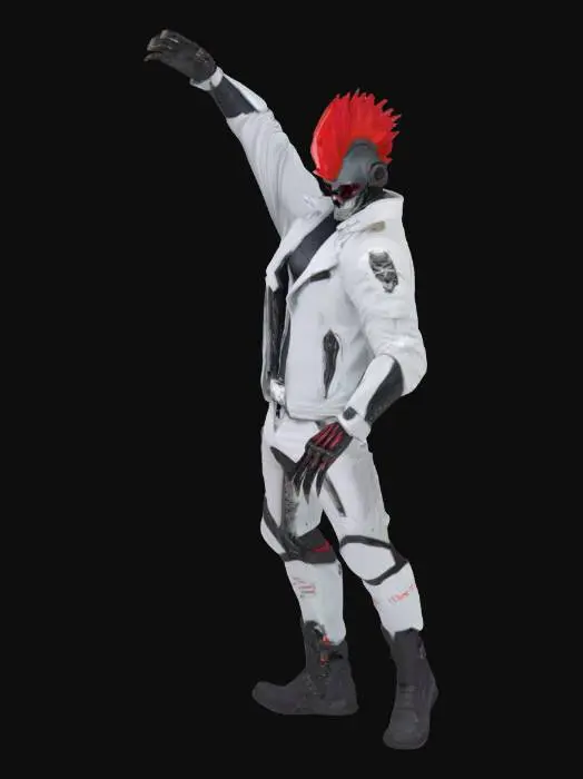 3D model for A towering cyberpunk hacker with a lean, jackal-like build and intimidating street presence. He wears a sleek white futuristic jacket over a biomechanical, armored torso with exposed black and chrome synthetic muscles. His face is partially masked with a stylized skull visor, sharp and angular, evoking a jackal’s snout. A vibrant red mohawk adds a punk edge. One hand holds a sleek cyber comms device to his ear, the other is claw-like and chrome. His posture is confident, rebellious — a rogue operative in a high-tech dystopia. The look combines street gear with tactical armor, glowing accents, and urban menace. 
