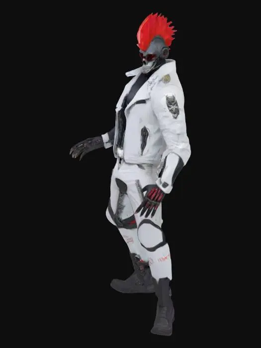 3D model for A towering cyberpunk hacker with a lean, jackal-like build and intimidating street presence. He wears a sleek white futuristic jacket over a biomechanical, armored torso with exposed black and chrome synthetic muscles. His face is partially masked with a stylized skull visor, sharp and angular, evoking a jackal’s snout. A vibrant red mohawk adds a punk edge. One hand holds a sleek cyber comms device to his ear, the other is claw-like and chrome. His posture is confident, rebellious — a rogue operative in a high-tech dystopia. The look combines street gear with tactical armor, glowing accents, and urban menace. 