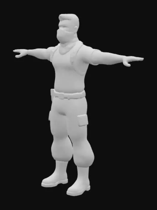 3D model for soldier in a bandana, black T-shirt with white long sleeves, camouflage pants, black combat boots, small tactical backpack on the back, short hairstyle, high detail, high poly, geometry, cartoonish, 4K, HD, t-pose, five fingers