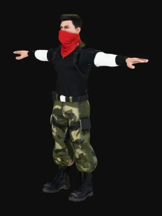 3D model for soldier in a bandana, black T-shirt with white long sleeves, camouflage pants, black combat boots, small tactical backpack on the back, short hairstyle, high detail, high poly, geometry, cartoonish, 4K, HD, t-pose, five fingers