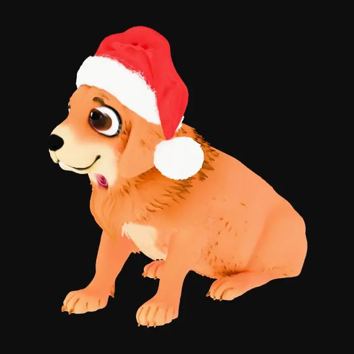 3D model for A charming golden retriever, its thick, golden-blonde fur meticulously rendered with individual strands, sits patiently, looking slightly upward with bright, intelligent brown eyes. It wears a classic red velvet Santa hat, complete with a fluffy white trim and a soft pom-pom at the tip, perfectly nestled between its floppy ears. The texture of the hat contrasts beautifully with the dog's soft fur, hinting at a warm, festive atmosphere.