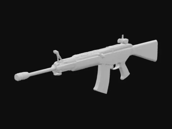 3D model for Un rifle antitanque de dimensiones largas y construcción robusta, con un cañón grueso de acero pavonado que presenta manchas de óxido superficiales, de un tono marrón rojizo y textura rugosa al tacto. Incorpora un cargador metálico rectangular y extraíble en su parte inferior, con una superficie desgastada y algunas pequeñas abolladuras. La culata de polímero oscuro y el bípode plegable de metal contribuyen a su aspecto funcional y de uso intensivo, con el metal exhibiendo ligeras corrosiones.