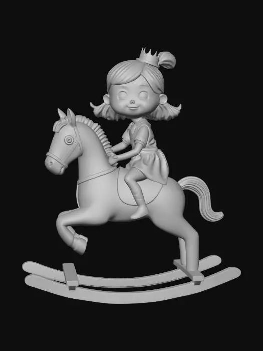 3D model for Stylized 3D character sculpt of a young girl riding a rocking horse, pretending to be a princess. imaginative expression. Slightly oversized head, rounded limbs, smooth cartoon proportions. Rocking horse simplified with thickened curved rockers and reinforced connections for strength. . Girl and horse integrated into a solid base for stability. no background. Watertight manifold mesh, high-resolution, optimized for 3D printing.