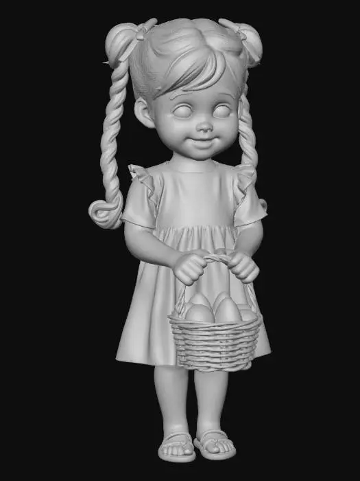 3D model for Cute young girl with soft brown pigtails tied with pastel ribbons, joyfully searching for Easter eggs in a sunny spring garden. She wears a light pastel dress with subtle floral patterns and white shoes, holding a small wicker basket filled with colorful eggs. Realistic proportions, natural skin texture, warm smile, expressive eyes. Soft morning sunlight, gentle shadows, blooming flowers, green grass, and scattered painted eggs create a cheerful atmosphere. Cinematic depth of field, photorealistic style, soft color grading, wholesome mood, high detail, natural pose, believable lighting, ultra-cute yet realistic aesthetic., #EasterEgg2026#