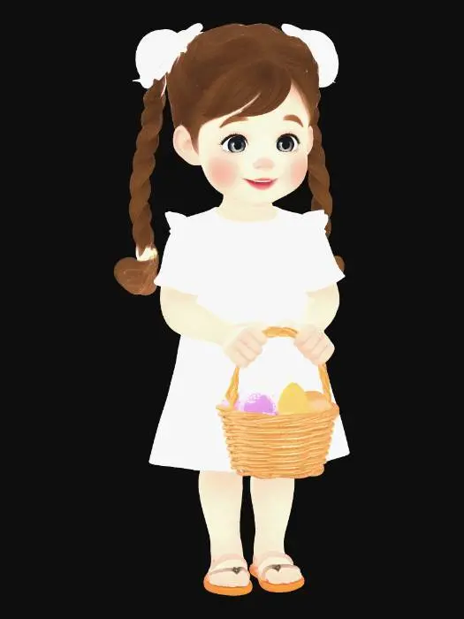 3D model for Cute young girl with soft brown pigtails tied with pastel ribbons, joyfully searching for Easter eggs in a sunny spring garden. She wears a light pastel dress with subtle floral patterns and white shoes, holding a small wicker basket filled with colorful eggs. Realistic proportions, natural skin texture, warm smile, expressive eyes. Soft morning sunlight, gentle shadows, blooming flowers, green grass, and scattered painted eggs create a cheerful atmosphere. Cinematic depth of field, photorealistic style, soft color grading, wholesome mood, high detail, natural pose, believable lighting, ultra-cute yet realistic aesthetic., #EasterEgg2026#