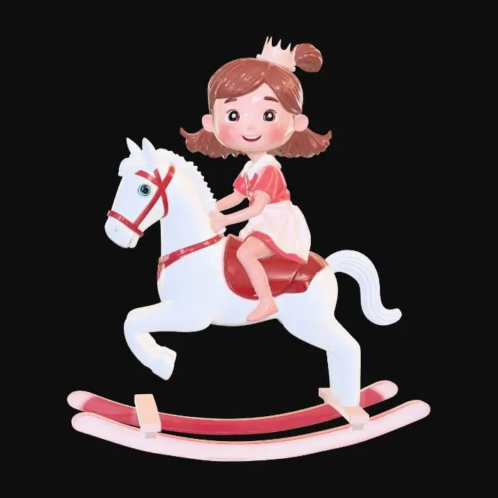 3D model for Stylized 3D character sculpt of a young girl riding a rocking horse, pretending to be a princess. imaginative expression. Slightly oversized head, rounded limbs, smooth cartoon proportions. Rocking horse simplified with thickened curved rockers and reinforced connections for strength. . Girl and horse integrated into a solid base for stability. no background. Watertight manifold mesh, high-resolution, optimized for 3D printing.