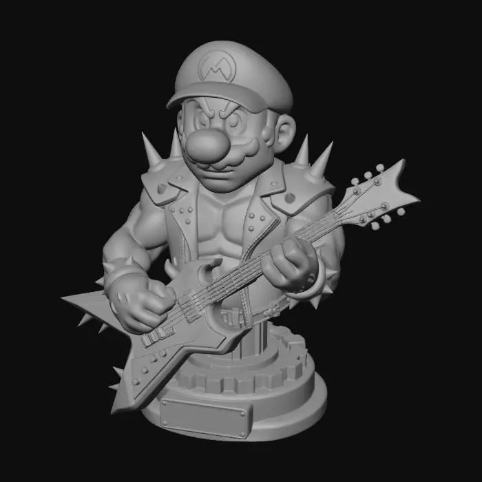3D model for Heavy metal style mario with a Metallica guitar, modern portrait style with sharp detail High contrast digital illustration, dramatic lighting, vivid colors, deep shadows, cinematic style, 2D vector art style, bust with base for 3d printing