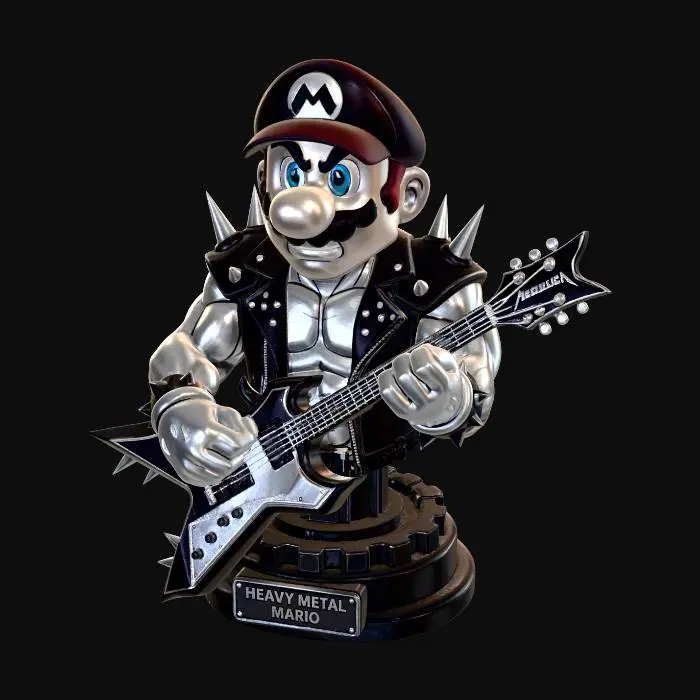3D model for Heavy metal style mario with a Metallica guitar, modern portrait style with sharp detail High contrast digital illustration, dramatic lighting, vivid colors, deep shadows, cinematic style, 2D vector art style, bust with base for 3d printing