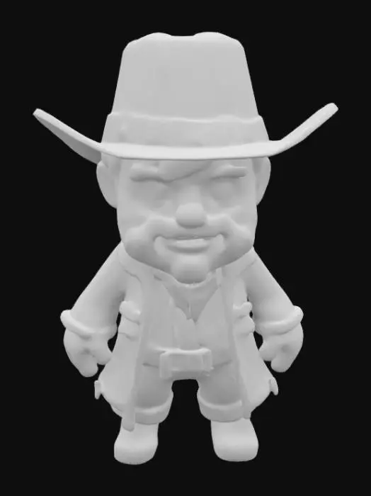 3D model for Arthur Morgan from Red dead redemption 2. Chibi art style. Clearly defined features. Highly stylized. Highly detailed. All walls and features at least 2mm thick. Include bold, recessed features with a depth of at least 2mm. Maintain sharp, clean lines with no unnecessary fine or jagged edges. Design embossed features to rise at least 2mm above the surface. Recess etched details at least 2mm deep for clarity.