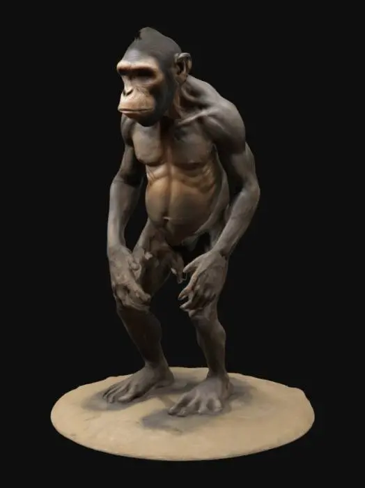 3D model for a ultra detailed figure of homo erectus, detailed anatomy, ultra realistic, stands on a round, detailed textured dirt base
