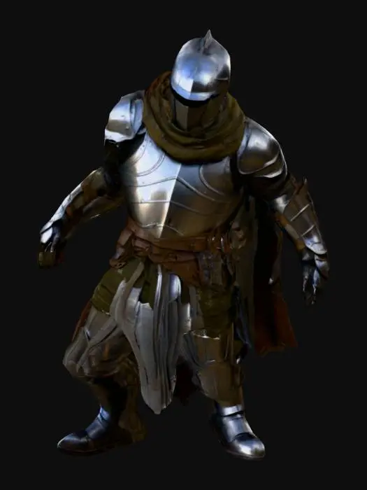 3D model for generate a full body character wearing a soldier wearing an armour with partial face covered and the armour must of silver metal with some rusting on it there must be a blade cover located on his waist. Add a torn cape and the cape must till the knee. The armour mut have some engravings.