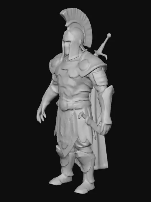 3D model for Generate a full body male character wearing a golden helmet and a gold armor with carvings on the armor and helmet. The character must have a detachable bow attached to the back of his armour and a small knife attached to the waist of the armor. the armor and the helmet must be polished and shiny.