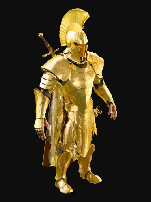 3D model for Generate a full body male character wearing a golden helmet and a gold armor with carvings on the armor and helmet. The character must have a detachable bow attached to the back of his armour and a small knife attached to the waist of the armor. the armor and the helmet must be polished and shiny.