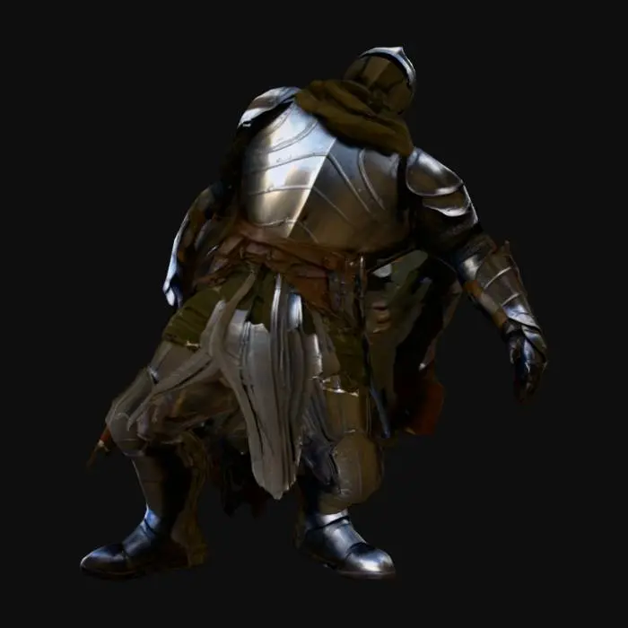 3D model for generate a full body character wearing a soldier wearing an armour with partial face covered and the armour must of silver metal with some rusting on it there must be a blade cover located on his waist. Add a torn cape and the cape must till the knee. The armour mut have some engravings.