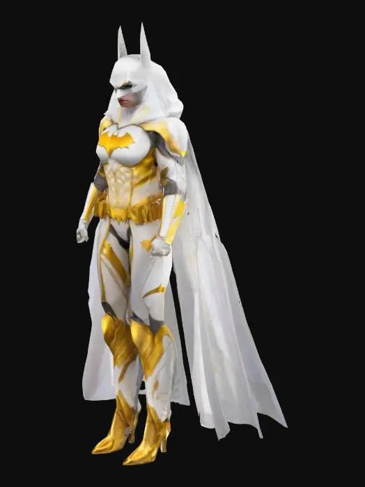 3D model for hyper-realistic Batman in a white and gold Bat-bride suit. The armor gleams under the city lights. Batman has a golden Bat-symbol across his chest. His cape and cowl are also white, giving him a more angelic, guardian-like appearance. batman as a bride