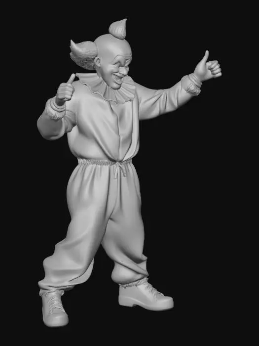 3D model for A high-detailed 3D cinematic render of a gaming character wearing a bright red baggy jumpsuit and a creepy white clown mask with a wide red grin. The character is standing in a confident pose, urban neon city background, realistic textures, 8k resolution, Garena Free Fire style.