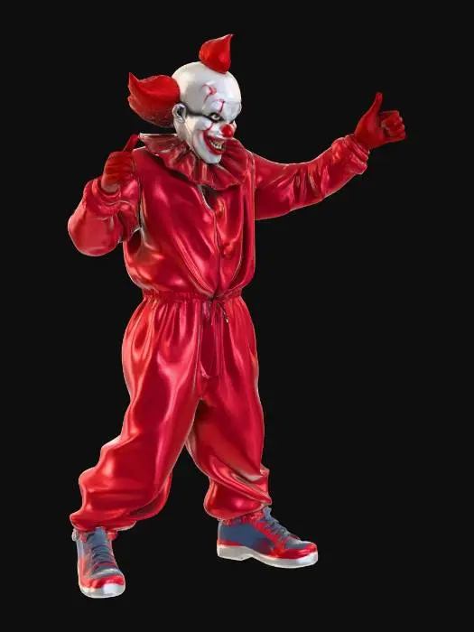 3D model for A high-detailed 3D cinematic render of a gaming character wearing a bright red baggy jumpsuit and a creepy white clown mask with a wide red grin. The character is standing in a confident pose, urban neon city background, realistic textures, 8k resolution, Garena Free Fire style.