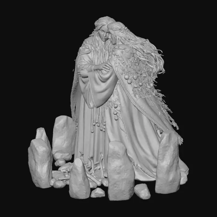 3D model for sapphic lesbians embracing eachother during pagan bonfire ritual