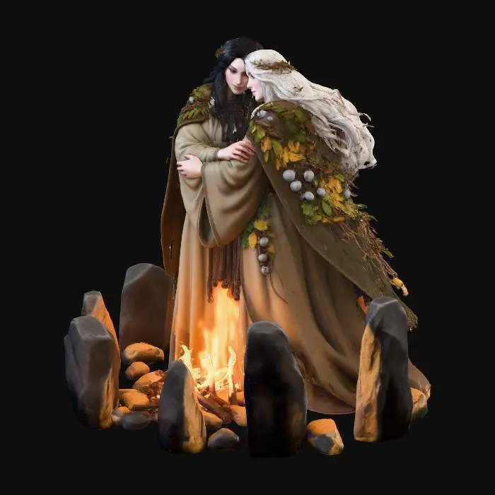 3D model for sapphic lesbians embracing eachother during pagan bonfire ritual