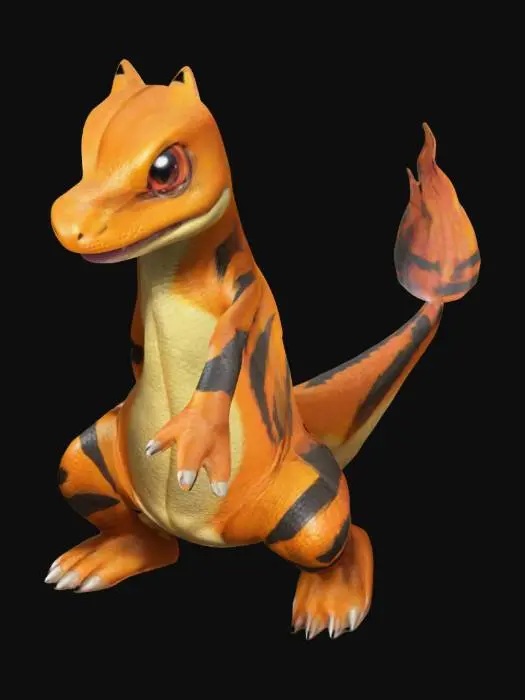3D model for T-pose, Full Body, Symmetrical Body, Anime, A Charmander lizard with black stripes on the back. Short height, Detailed, Ultra Realistic, Full Body, T-pose