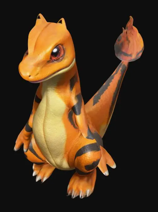 3D model for T-pose, Full Body, Symmetrical Body, Anime, A Charmander lizard with black stripes on the back. Short height, Detailed, Ultra Realistic, Full Body, T-pose