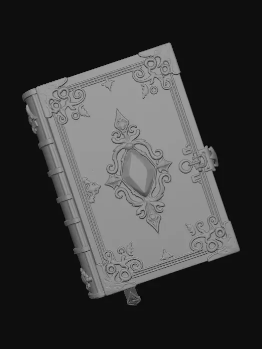 3D model for 3D游戏道具插画,复古魔法书。主体是棕色皮质封面的魔法书,四角与中心饰有金色雕花,中心镶嵌发光粉紫色宝石并带有魔法光效,整体华丽神秘,干净的白色背景,无多余文字。