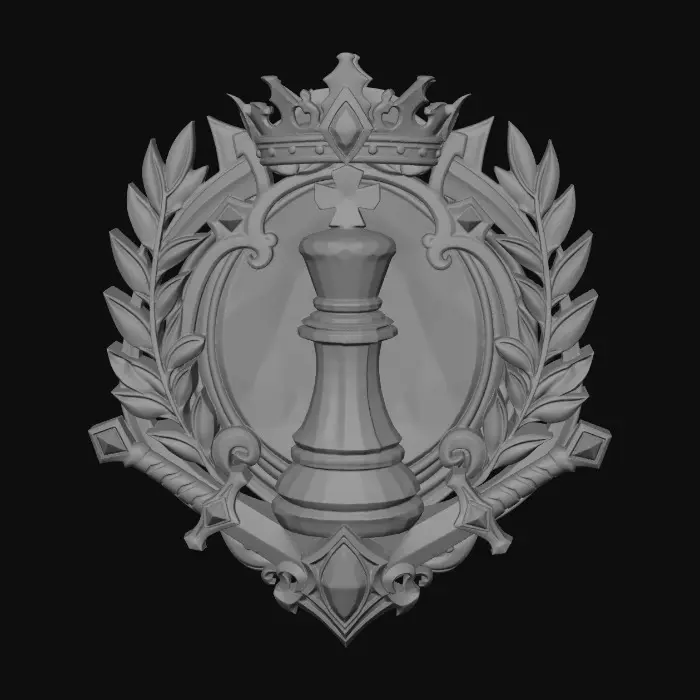 3D model for 3D游戏徽章插画,华丽紫晶国际象棋主题徽章。主体是金色雕花边框,中心镶嵌紫色水晶质感的国际象棋棋子,周围环绕金质月桂叶、交叉剑柄与皇冠装饰,整体闪耀宝石光泽,精致华丽,干净的白色背景,无多余文字。