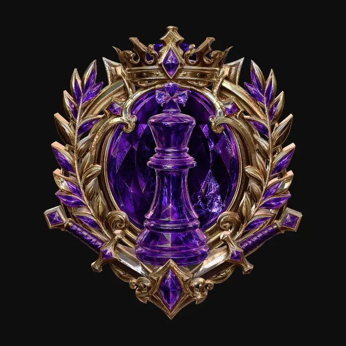 3D model for 3D游戏徽章插画,华丽紫晶国际象棋主题徽章。主体是金色雕花边框,中心镶嵌紫色水晶质感的国际象棋棋子,周围环绕金质月桂叶、交叉剑柄与皇冠装饰,整体闪耀宝石光泽,精致华丽,干净的白色背景,无多余文字。