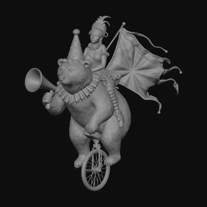 3D model for Circus Bear on a Unicycle with Flag and Rider