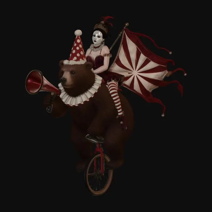 3D model for Circus Bear on a Unicycle with Flag and Rider