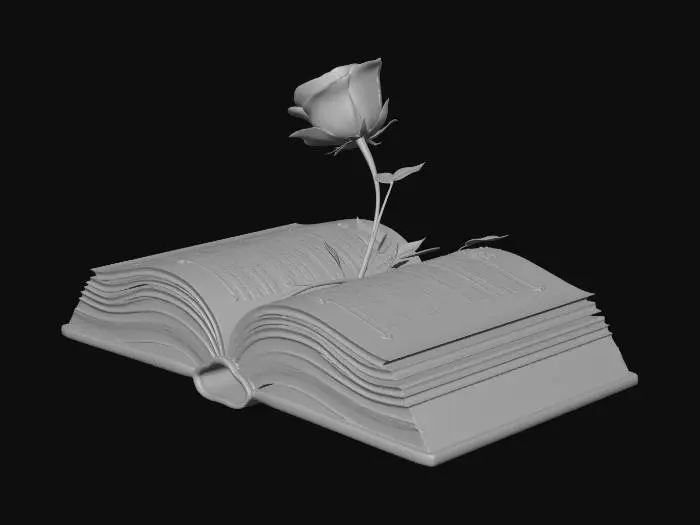 3D model for quiero un  libro antiguo abierto plano, sobre una mesa con una rosa de tallo largo y hojas sobre las paginas