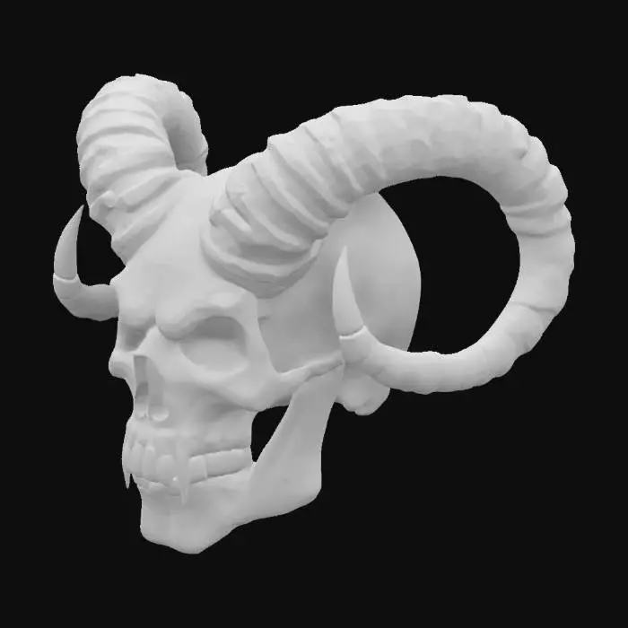 3D model for calavera demoniaca con cuernos de cabra, dientes afilados y mueca horripilante
