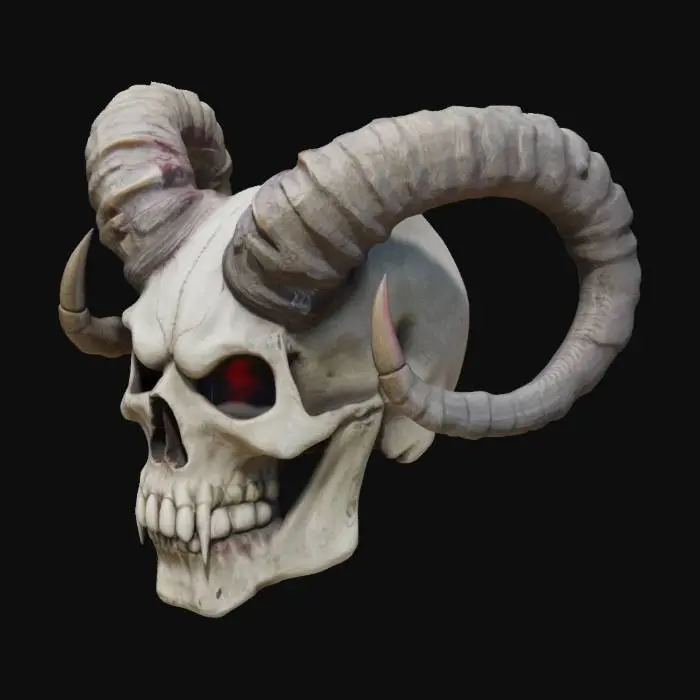 3D model for calavera demoniaca con cuernos de cabra, dientes afilados y mueca horripilante

