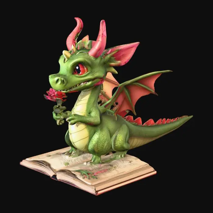 3D model for quiero un dragón de caricatura, sosteniendo una rosa, amoroso sobre un libro abierto