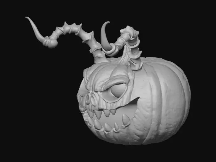 3D model for #Halloween2025#,it has scary large monstruous fangs inside mouth , hollow eyes, and 3 horns on head. The horns are sharp.  A perfectly carved detailed Jack O' Lantern