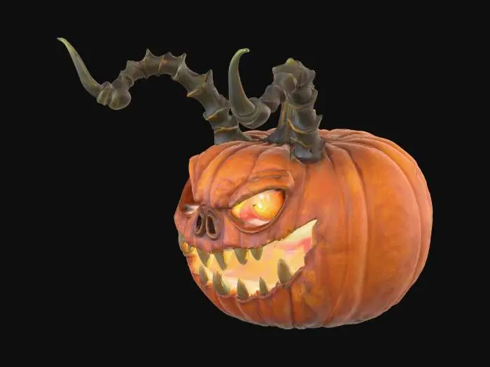 3D model for #Halloween2025#,it has scary large monstruous fangs inside mouth , hollow eyes, and 3 horns on head. The horns are sharp.  A perfectly carved detailed Jack O' Lantern