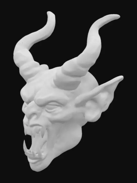 3D model for "Create a highly detailed 3D model of a demonic creature head with pale, textured skin, large curved horns, sharp teeth, and deep-set menacing eyes. Ensure anatomically correct bone structure, skin folds, and realistic textures. Emphasize facial details and natural symmetry."