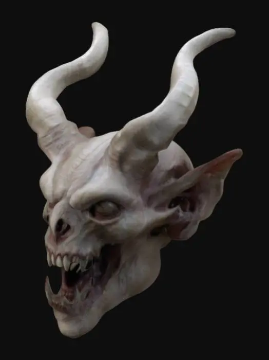 3D model for "Create a highly detailed 3D model of a demonic creature head with pale, textured skin, large curved horns, sharp teeth, and deep-set menacing eyes. Ensure anatomically correct bone structure, skin folds, and realistic textures. Emphasize facial details and natural symmetry."