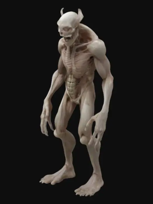 3D model for "Create a highly detailed 3D model of a humanoid creature with pale, veiny skin, large hollow eyes, sharp teeth, and an elongated skull. Ensure anatomically correct bone structure, realistic skin texture, and natural facial symmetry. Emphasize detailed muscle definition and facial wrinkles."