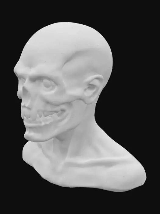 3D model for "Create a very highly detailed and anatomically correct scary monster head with pale, veiny skin, large hollow eyes, sharp teeth, and an elongated skull. It should be gross, darkish, and shiny with realistic bone structure, detailed skin texture, and natural facial symmetry. Emphasize muscle definition and deep wrinkles."